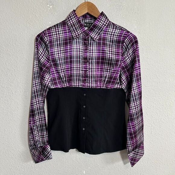 VTG Y2K Plaid Pop Punk Collared Top S Purple Button Up Avril Lavigne Skater - Picture 2 of 6
